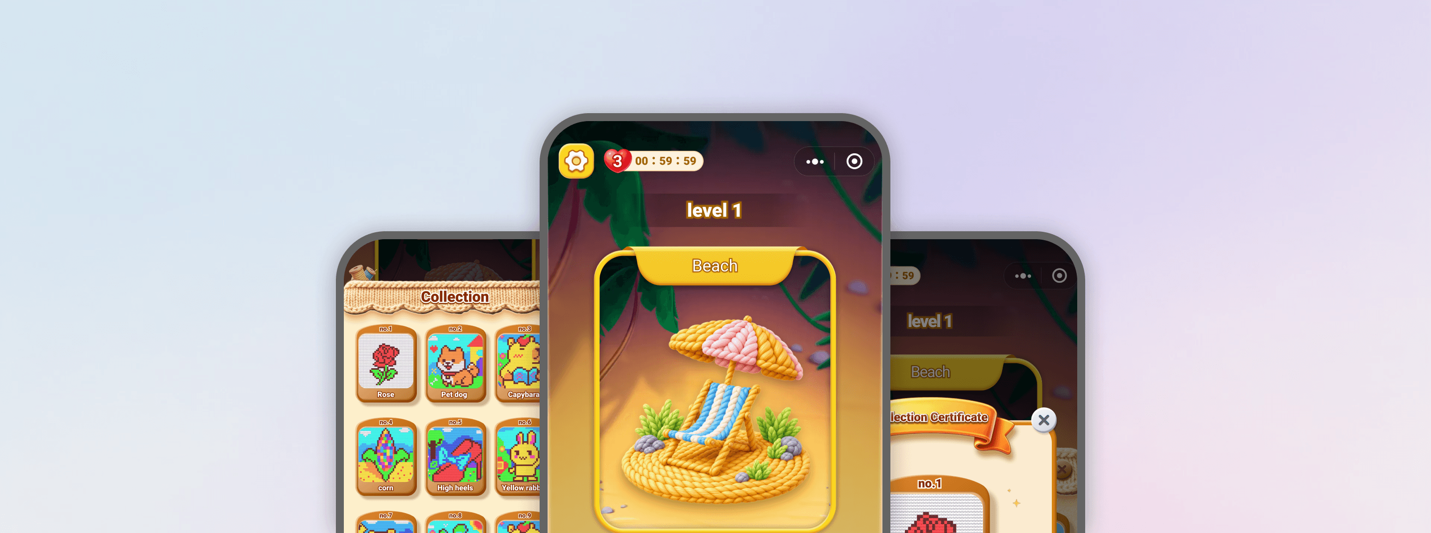 Wool Match gameplay — collection, level and certificate screens